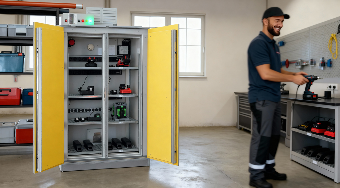 SiS Safe Pro in Werkstatt mit Akku-Ladegerät und Werkzeug